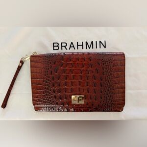 Brahmin Croc-Embossed Leather Crossbody Clutch in Pecan Brown